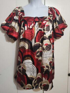 KAELYN-MAX Mini Dress Tunic Top L Red Black Geometric Print Puff Sleeve Ring